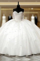 White Tulle Beaded Sweetheart Ball Gown Dresses